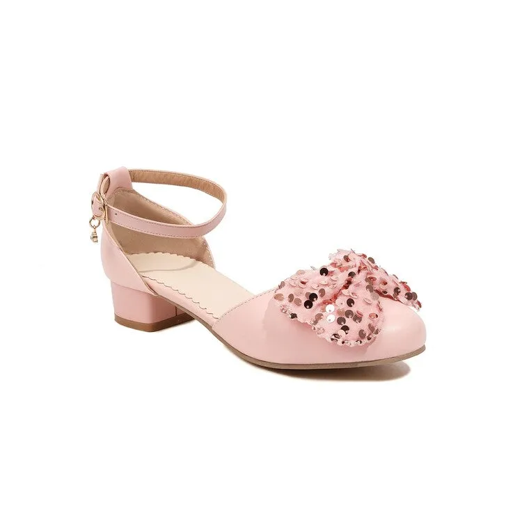 Women's Ankle Strap Rhinestone Butterfly Knot Hollow Out Block Heel Sandals