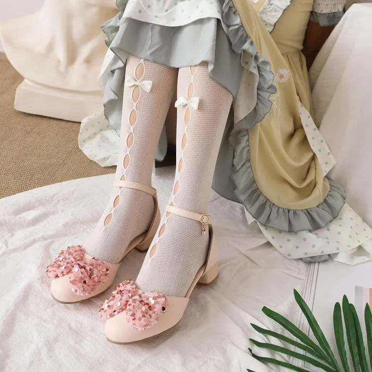 Women's Ankle Strap Rhinestone Butterfly Knot Hollow Out Block Heel Sandals