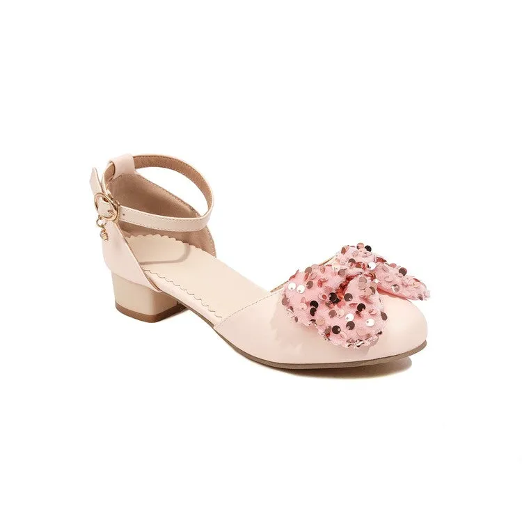 Women's Ankle Strap Rhinestone Butterfly Knot Hollow Out Block Heel Sandals