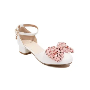 Women's Ankle Strap Rhinestone Butterfly Knot Hollow Out Block Heel Sandals