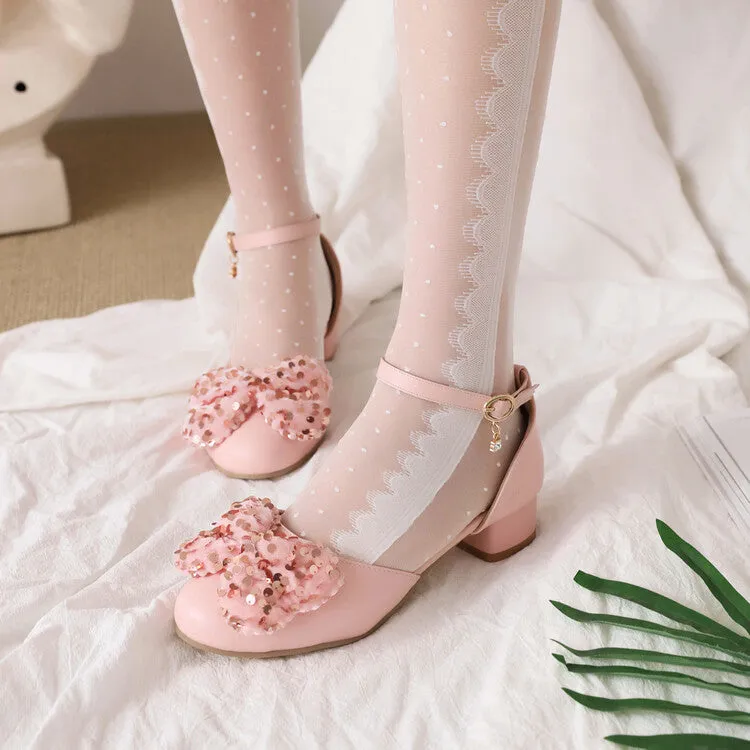 Women's Ankle Strap Rhinestone Butterfly Knot Hollow Out Block Heel Sandals