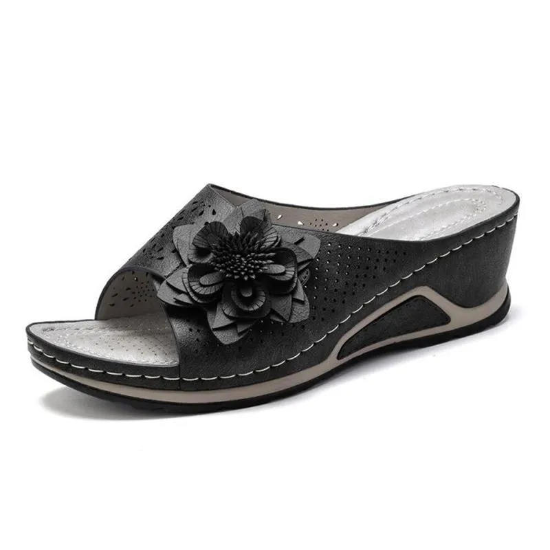 Women's Cute Soft Footbed Floral Deco Cutout Non-Slip Wedge Slippers