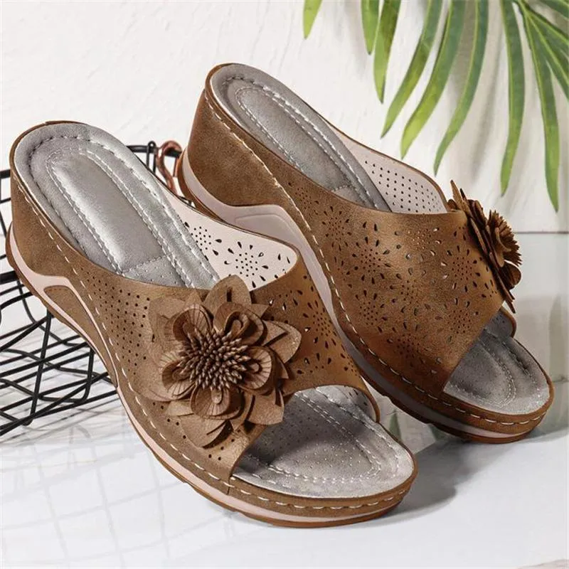 Women's Cute Soft Footbed Floral Deco Cutout Non-Slip Wedge Slippers