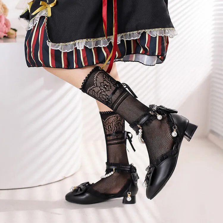 Women's Lace Pearls Bow Tie Block Chunky Heel Sandals