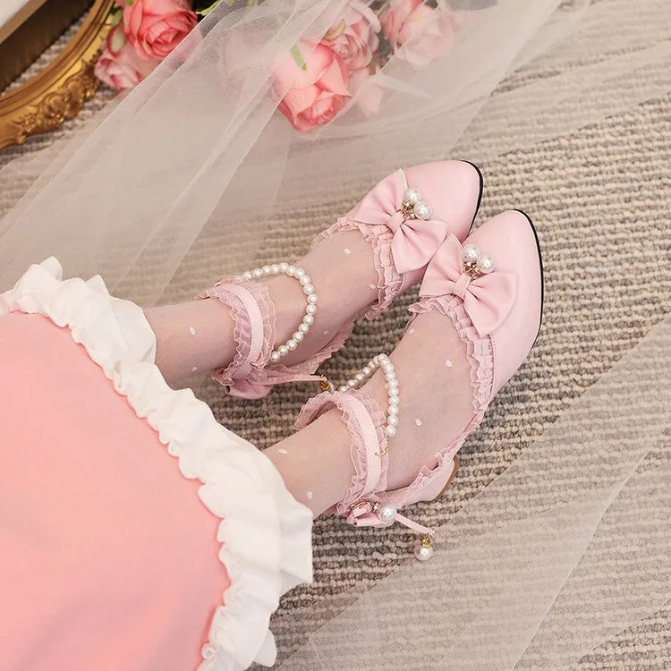 Women's Lace Pearls Bow Tie Block Chunky Heel Sandals