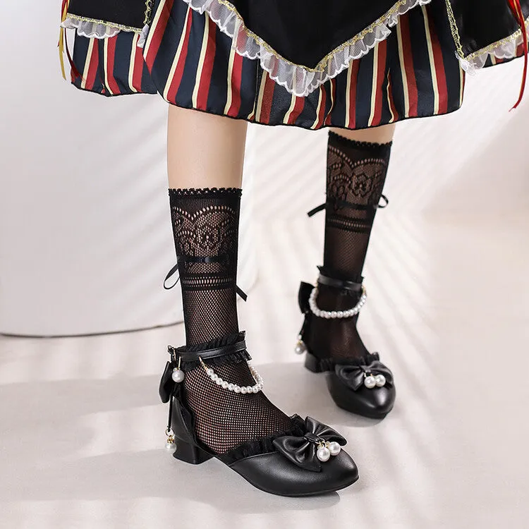 Women's Lace Pearls Bow Tie Block Chunky Heel Sandals