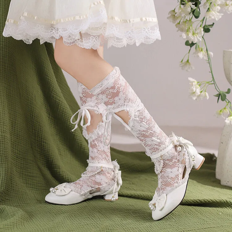 Women's Lace Pearls Bow Tie Block Chunky Heel Sandals