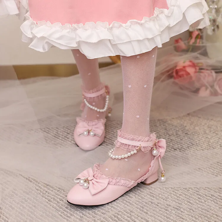 Women's Lace Pearls Bow Tie Block Chunky Heel Sandals