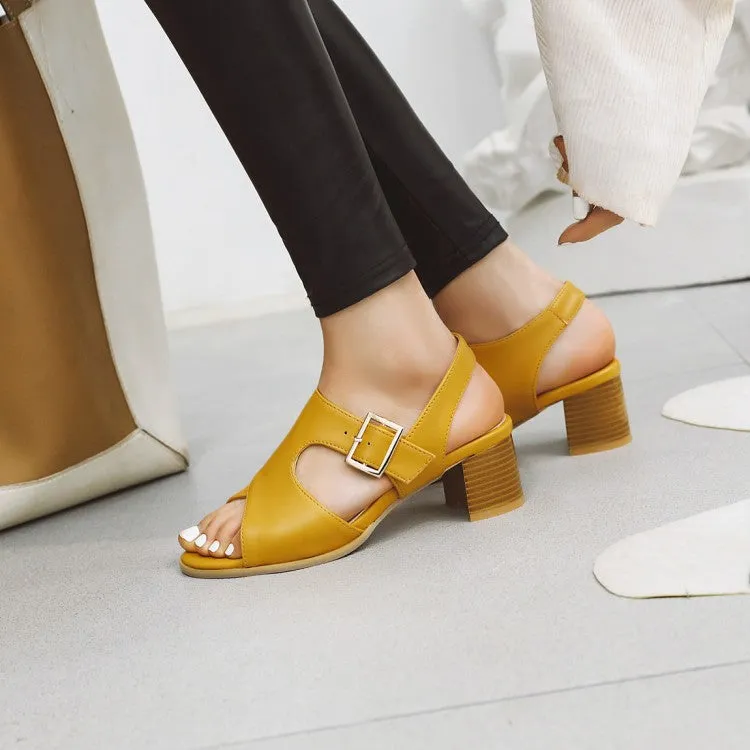Women's Open Toe Buckle Straps Cutout Block Chunky Heel Sandals