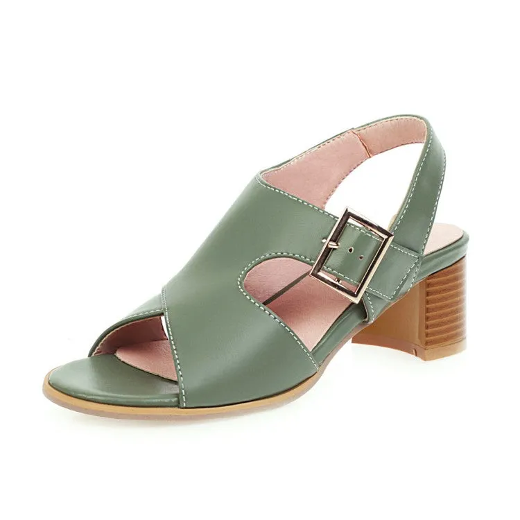 Women's Open Toe Buckle Straps Cutout Block Chunky Heel Sandals