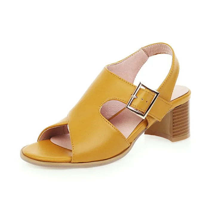 Women's Open Toe Buckle Straps Cutout Block Chunky Heel Sandals