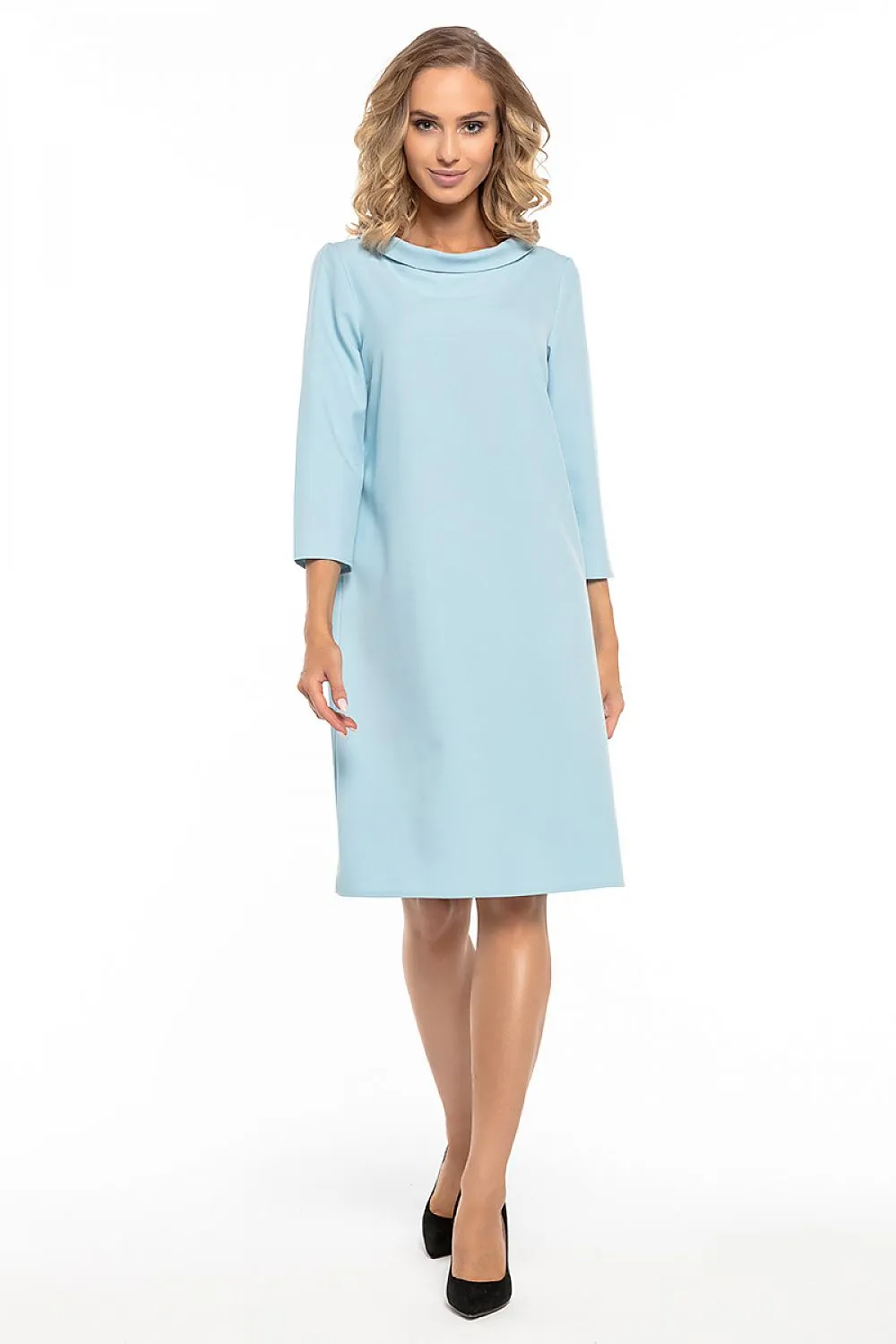 Women’s Red A-Line Day Dress with Short Sleeves and High Neckline