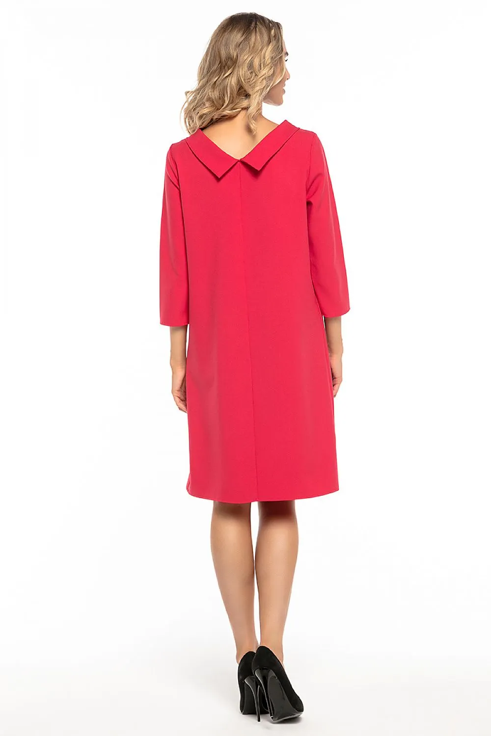 Women’s Red A-Line Day Dress with Short Sleeves and High Neckline