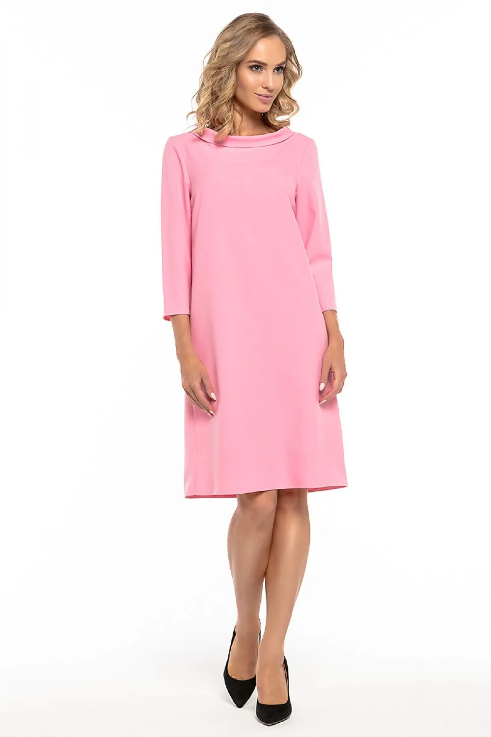 Women’s Red A-Line Day Dress with Short Sleeves and High Neckline
