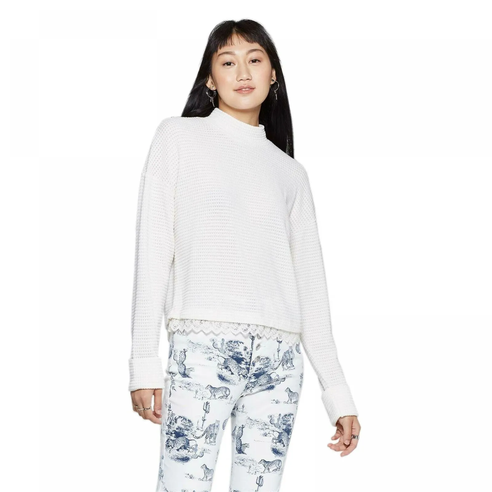 Xhilaration Women's Lace Trim Mock Turtleneck Pullover Sweater