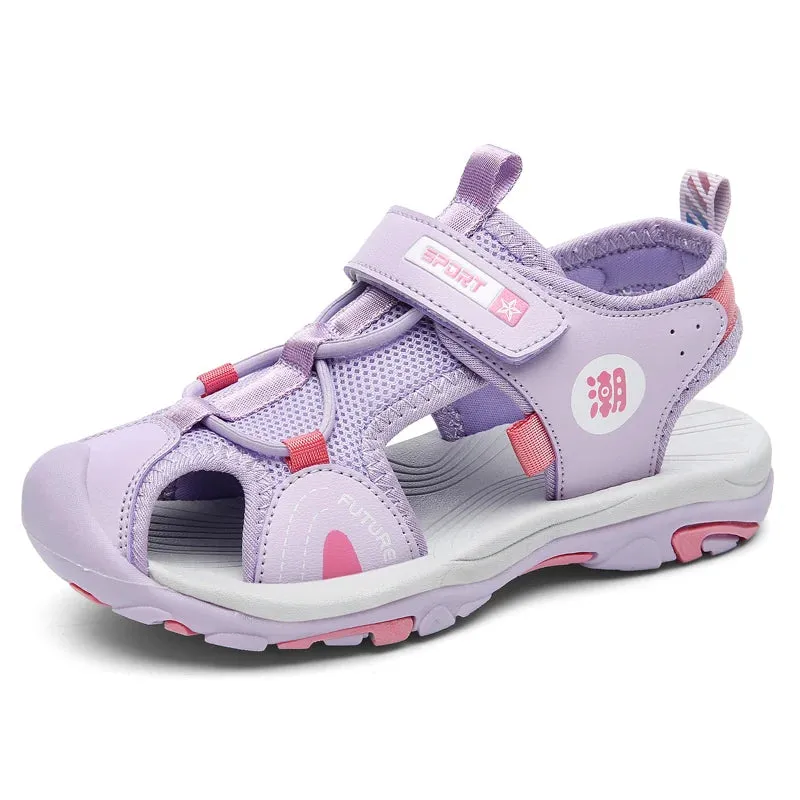 XZVZ Summer Beach Water Children Sandals Fashion Kids Shoes Outdoor Non-slip Soft Bottom Shading Leather Boys Girls Comfortable