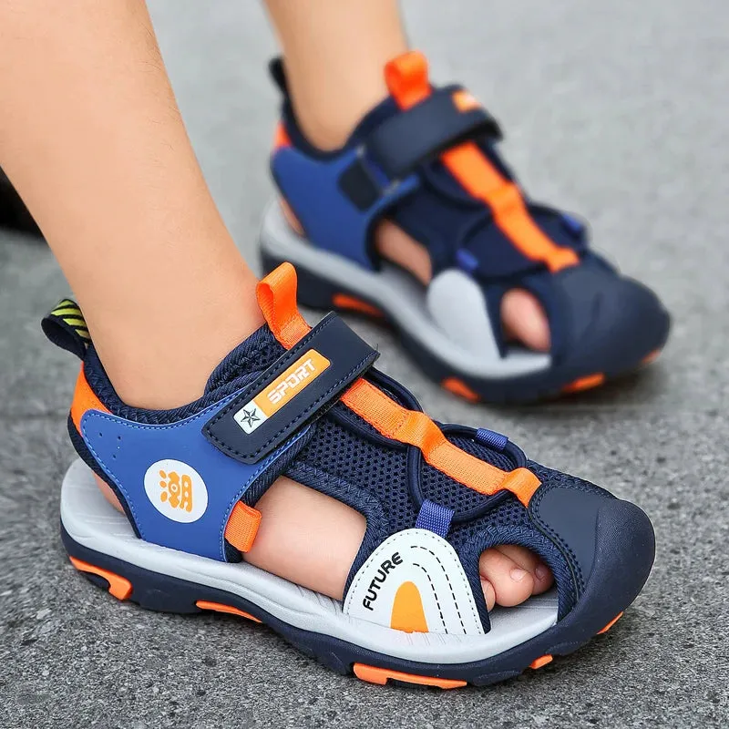 XZVZ Summer Beach Water Children Sandals Fashion Kids Shoes Outdoor Non-slip Soft Bottom Shading Leather Boys Girls Comfortable