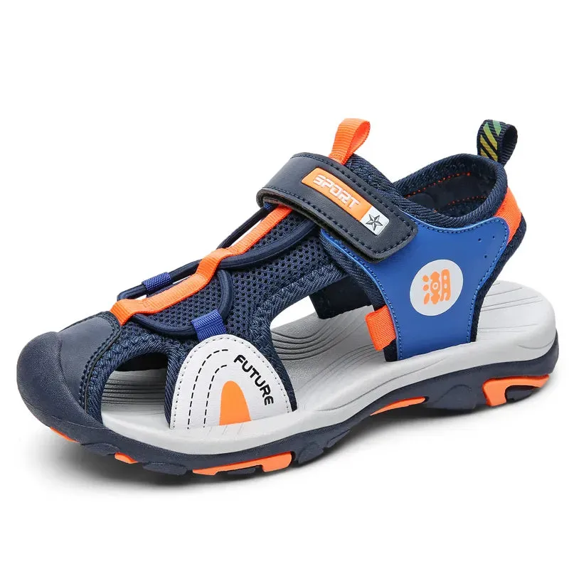 XZVZ Summer Beach Water Children Sandals Fashion Kids Shoes Outdoor Non-slip Soft Bottom Shading Leather Boys Girls Comfortable