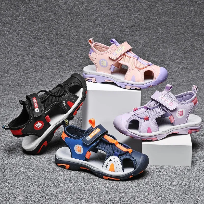 XZVZ Summer Beach Water Children Sandals Fashion Kids Shoes Outdoor Non-slip Soft Bottom Shading Leather Boys Girls Comfortable