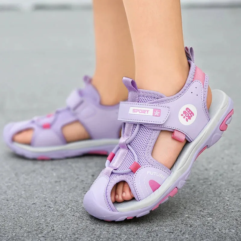 XZVZ Summer Beach Water Children Sandals Fashion Kids Shoes Outdoor Non-slip Soft Bottom Shading Leather Boys Girls Comfortable