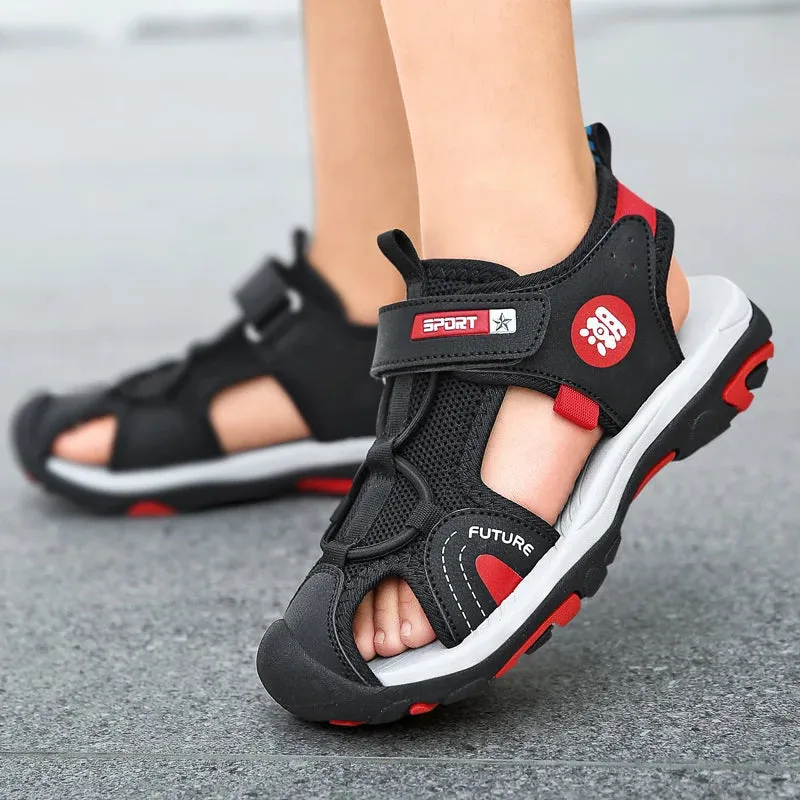 XZVZ Summer Beach Water Children Sandals Fashion Kids Shoes Outdoor Non-slip Soft Bottom Shading Leather Boys Girls Comfortable