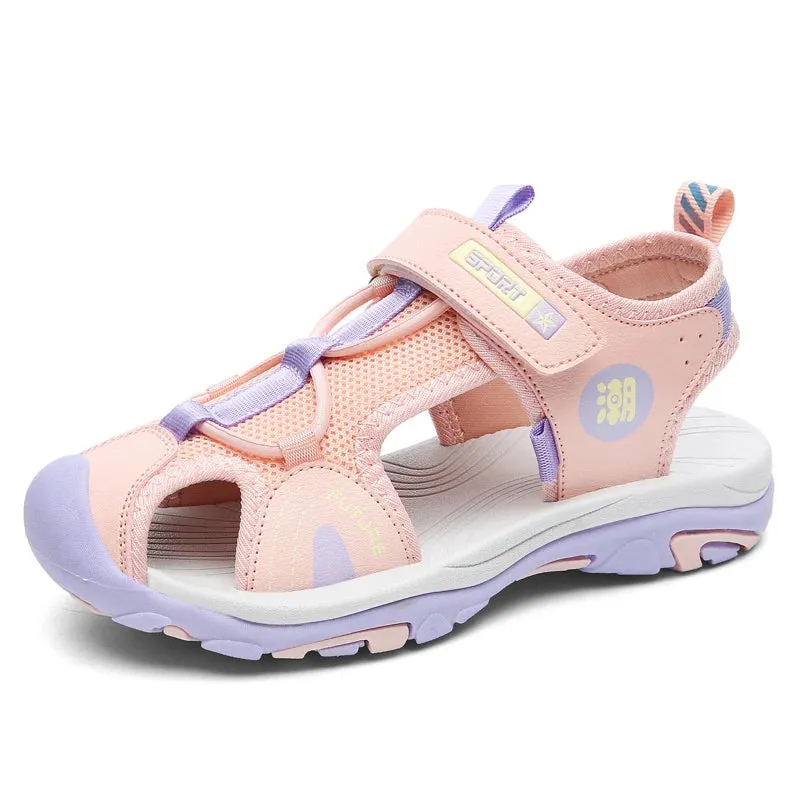 XZVZ Summer Beach Water Children Sandals Fashion Kids Shoes Outdoor Non-slip Soft Bottom Shading Leather Boys Girls Comfortable