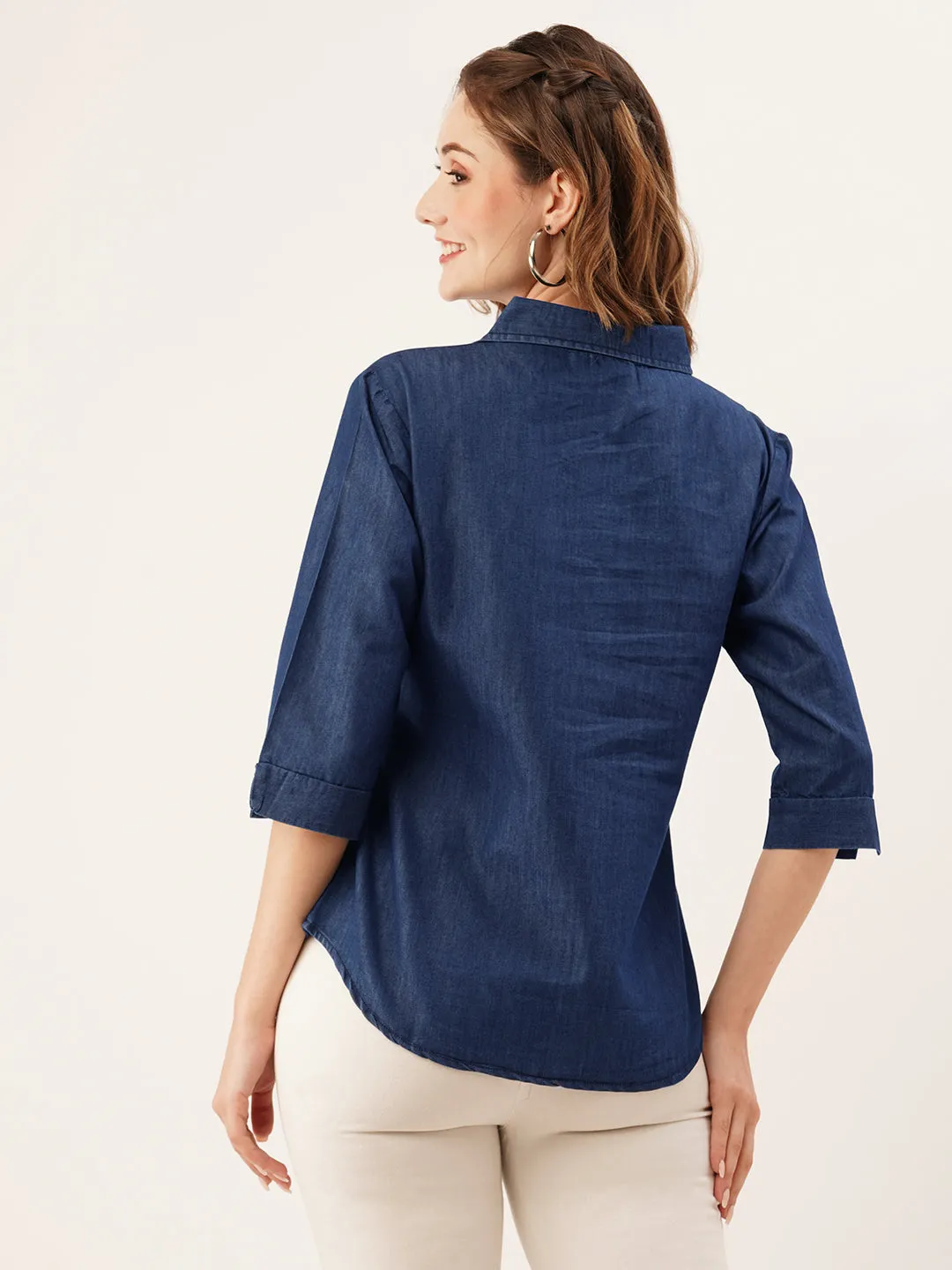 ZOLA Collar Neck Solid 3/4th Sleeves Dx Blue Color Straight Denim Top For Women