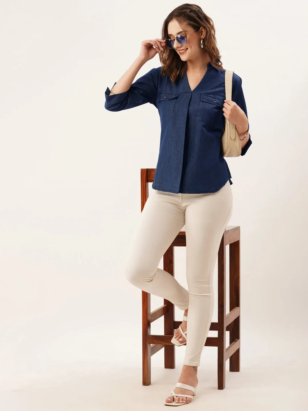 ZOLA Collar Neck Solid 3/4th Sleeves Dx Blue Color Straight Denim Top For Women