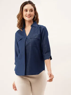 ZOLA Collar Neck Solid 3/4th Sleeves Dx Blue Color Straight Denim Top For Women