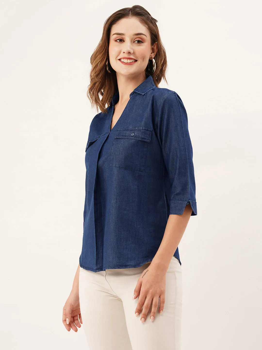 ZOLA Collar Neck Solid 3/4th Sleeves Dx Blue Color Straight Denim Top For Women