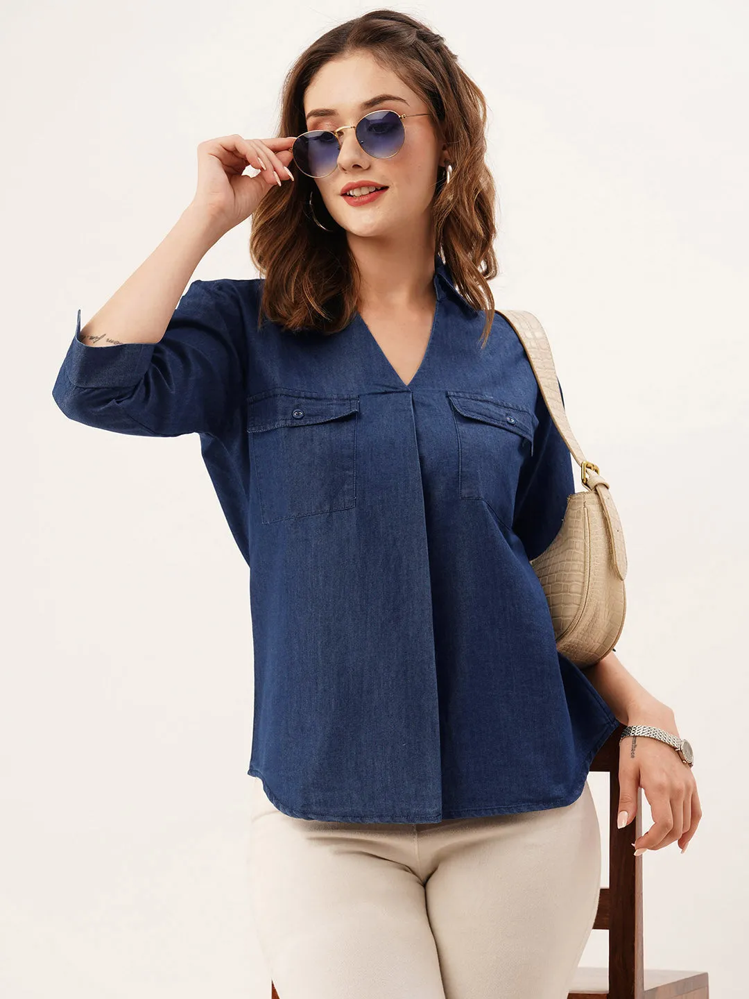 ZOLA Collar Neck Solid 3/4th Sleeves Dx Blue Color Straight Denim Top For Women