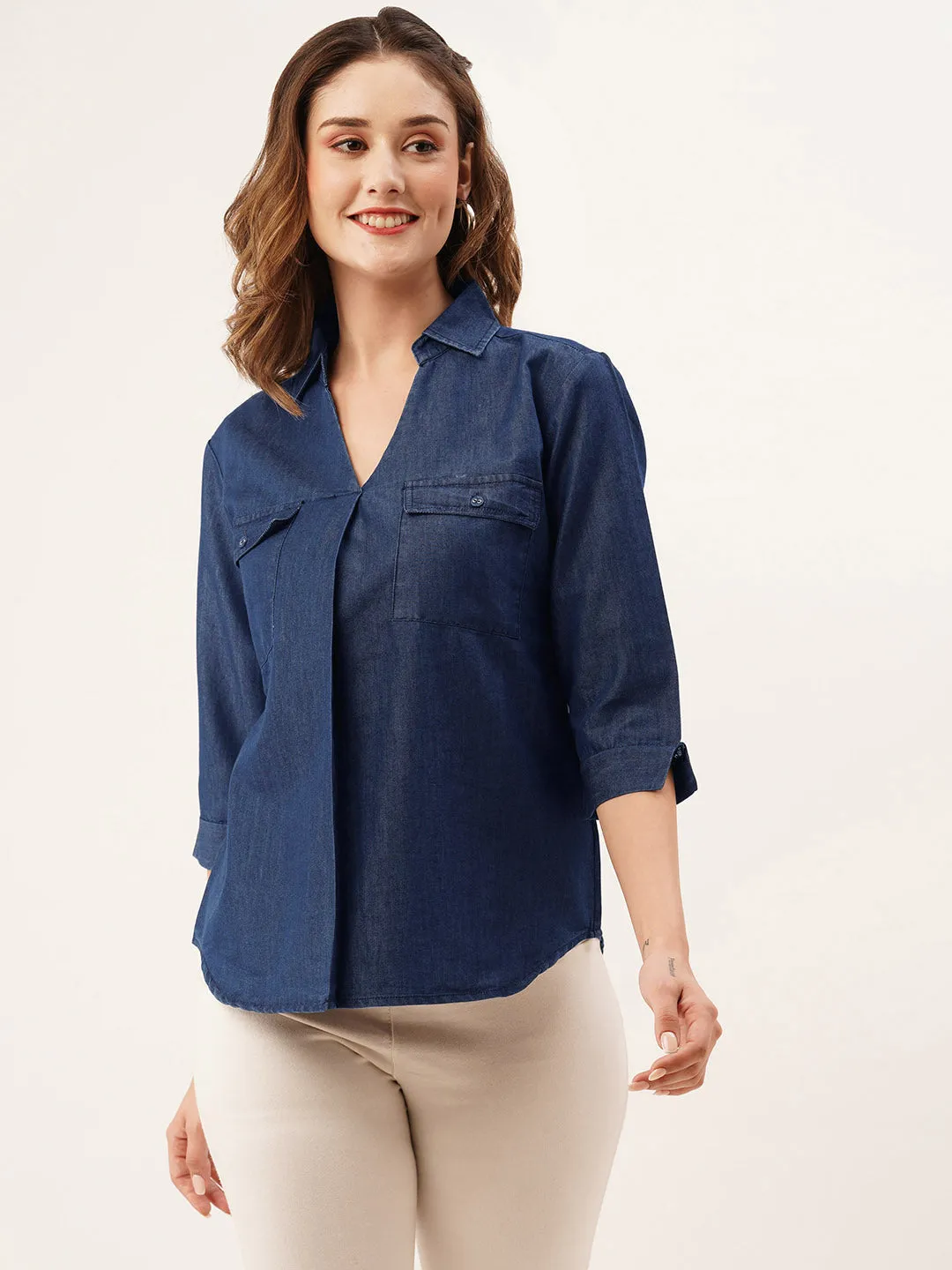 ZOLA Collar Neck Solid 3/4th Sleeves Dx Blue Color Straight Denim Top For Women